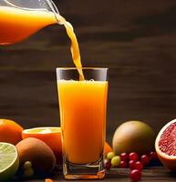 Orange Saft Sein gegossen in ein Glas mit frisch Obst auf hölzern Hintergrund ai generiert foto