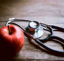 Stethoskop und rot Apfel mit Herz gestalten auf Holz Tabelle ai generiert foto