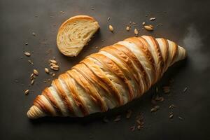 frisch gebacken Croissants auf ein hölzern Tisch, schließen hoch. ai generativ foto