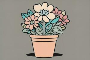 Illustration von ein Blumentopf mit Rosa und Blau Blumen auf ein grau Hintergrund. ai generativ foto
