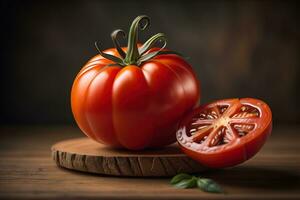 frisch Tomate auf ein hölzern Hintergrund. ai generativ foto