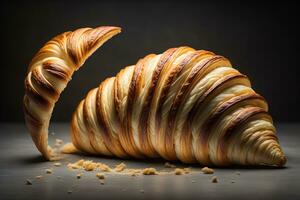 frisch gebacken Croissants auf ein hölzern Tisch, schließen hoch. ai generativ foto