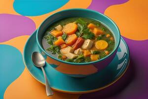 Gemüse Suppe im ein Schüssel auf hölzern Hintergrund. ai generativ foto