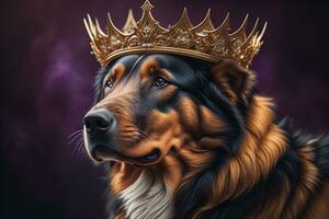 Porträt von ein süß Hund im ein golden Krone auf ein solide Farbe Hintergrund. ai generativ foto