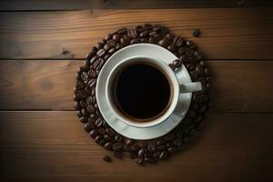 Kaffee Tasse und Kaffee Bohnen auf ein hölzern Tisch, oben Sicht. ai generativ foto