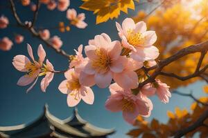 Kirsche blühen Sakura Blume auf Blau Himmel Hintergrund, ai generativ foto