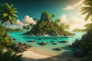 tropisch Insel mit Palme Bäume und Sand Strand. ai generativ foto