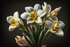 Strauß von Krokus und Tulpen auf solide Farbe Hintergrund. ai generativ foto