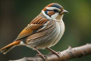 bunt Vogel thront auf ein Ast mit verschwommen Hintergrund, Nahaufnahme. ai generativ foto