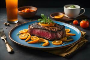 geschnitten Rindfleisch Steak mit Petersilie auf ein Platte. ai generativ foto