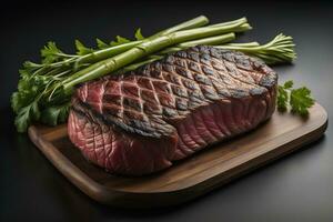 roh Rindfleisch Lendenstück Steak mit Zutaten zum Kochen auf hölzern Hintergrund. ai generativ foto