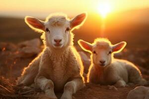 ai generiert isländisch Schaf RAM mit großartig Korkenzieher Hörner gelegt im das Gras n Feld im warm Sonnenuntergang Licht , eid-al-adha Konzept foto