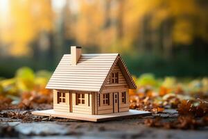 ai generiert hölzern Haus Modell- auf Holz Hintergrund, ein Symbol zum Konstruktion , Ökologie, Darlehen, Hypothek, Eigentum oder heim. foto