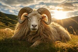 ai generiert isländisch Schaf RAM mit großartig Korkenzieher Hörner gelegt im das Gras n Feld im warm Sonnenuntergang Licht , eid-al-adha Konzept foto