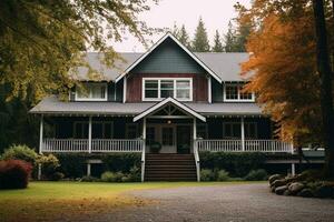 Luxus Haus mit Veranda, groß Baum und nett Landschaft ai generiert foto