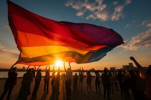 Silhouette von ein Gruppe von Menschen halten ein Regenbogen Flagge beim Sonnenuntergang ai generiert foto