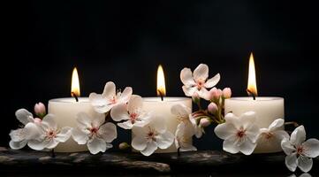 Strauß von Weiß Magnolie Blumen mit Verbrennung Kerze auf schwarz Hintergrund ai generiert foto