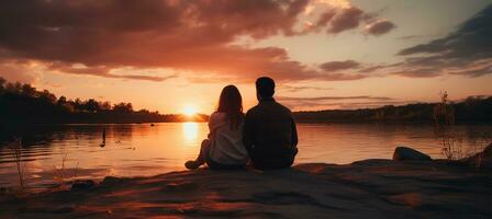 romantisch Paar Sitzung auf das Bank von das Fluss und suchen beim das Sonnenuntergang ai generiert foto