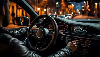 Nahansicht von ein Mann Fahren ein Auto im das Stadt ai generiert foto