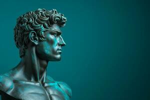 Statue von David auf ein Blau Hintergrund ai generiert foto