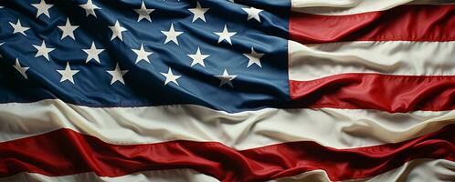 Nahansicht von wellig amerikanisch Flagge, Platz Bild mit selektiv Fokus ai generiert foto