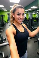 Selfie von passen jung Frau im das Fitnessstudio, generativ ai foto