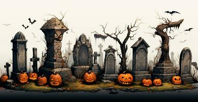 düster Grabsteine im das Friedhof, Halloween Festival von das tot - - ai generiert Bild foto