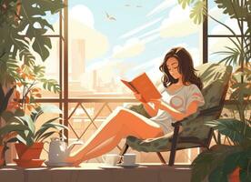 jung Frau lesen Buch im Zimmer Innerhalb Balkon Haus mit eingetopft Pflanzen foto