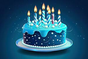 Geburtstag Kuchen mit Verbrennung Kerzen auf Blau Hintergrund Illustration. Geburtstag Kuchen mit Verbrennung Kerzen auf Blau Hintergrund. Vektor Illustration, ai generiert foto