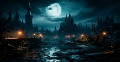 gruselig Nacht im dunkel mittelalterlich Schloss, unheimlich Atmosphäre zum Halloween Urlaub Hintergrund Konzept - - ai generiert Bild foto