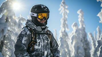 Mann im Ski Brille Fahrten ein Snowboard von ein schneebedeckt Berg foto