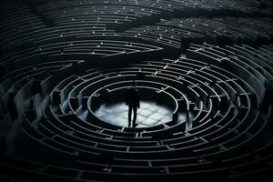 Geschäftsmann Stehen im das Labyrinth Eingang suchen zum Lösung. ai generiert foto