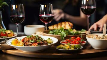 gastronomisch Anzeige Tabelle geschmückt mit Platten und Brille von Essen generativ ai foto