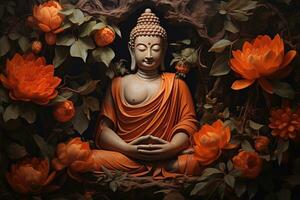 Buddha Statue umgeben durch Orange Blumen auf ein schwarz Hintergrund ai generiert foto