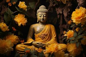 ein golden Buddha Statue umgeben durch Blumen ai generiert foto