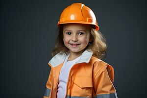 Porträt von ein lächelnd wenig Mädchen im ein Konstruktion Helm ai generiert foto