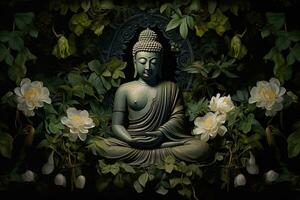 Buddha Statue mit Lotus Blume und Grün Blätter Hintergrund ai generiert foto