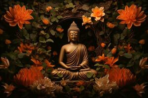 Buddha Statue umgeben durch Orange Blumen auf ein schwarz Hintergrund ai generiert foto