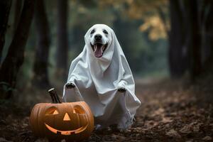 Halloween Thema. Hund im Geist Kostüm mit Kürbisse auf dunkel Hintergrund ai generiert foto