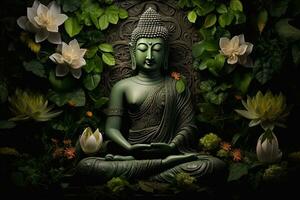 Buddha Statue mit Lotus Blume und Grün Blätter Hintergrund ai generiert foto