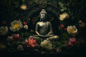 Buddha Statue mit Lotus Blume und Grün Blätter Hintergrund ai generiert foto