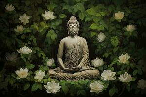 Buddha Statue mit Lotus Blume und Grün Blätter Hintergrund ai generiert foto