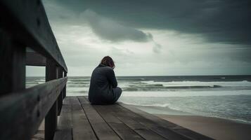 Frau allein und deprimiert beim Strand foto