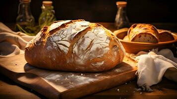 rustikal frisch Brot von das Ofen auf ein Schneiden Tafel foto