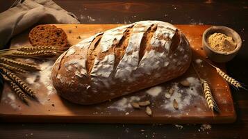 frisch Brot auf ein hölzern Schneiden Tafel mit Weizen foto