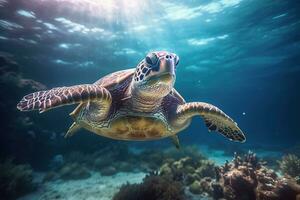 Schildkröte Schwimmen im das tief Meer, unter Wasser Fotografie ai generativ foto