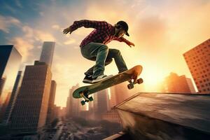 Skateboardfahrer manövrieren seine Tafel inmitten ein städtisch Hintergrund, Freiheit, Fähigkeit, Sport ai generativ foto