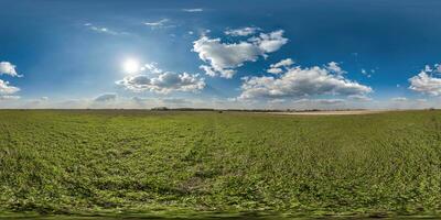 kugelförmig 360 hdri Panorama unter Grün Gras Landwirtschaft Feld mit Wolken auf Blau Himmel mit Sonne im gleichwinklig nahtlos Projektion, verwenden wie Himmel Ersatz, Spiel Entwicklung wie Skybox oder vr Inhalt foto