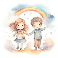 einstellen von glücklich Kinder spielen zusammen unter Regenbogen. glücklich Kinder- Tag. Freundschaft Thema. Aquarell Stil foto