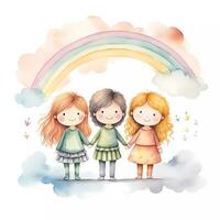 einstellen von glücklich Kinder spielen zusammen unter Regenbogen. glücklich Kinder- Tag. Freundschaft Thema. Aquarell Stil foto
